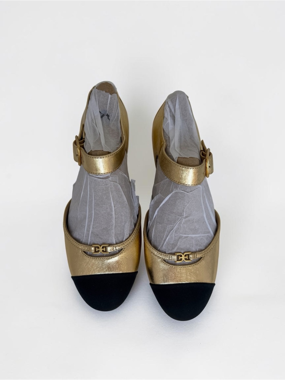 Sam Edelman Rylie Cap Toe Mary Jane Flats Metallic Gold with Black